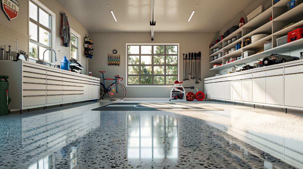 A clean and organized garage with an eco-friendly epoxy floor, showcasing the beauty of sustainable materials in home flooring designs.